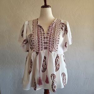 Knox Rose Cream and Brown Flutter Sleeve Peplum Blouse - L